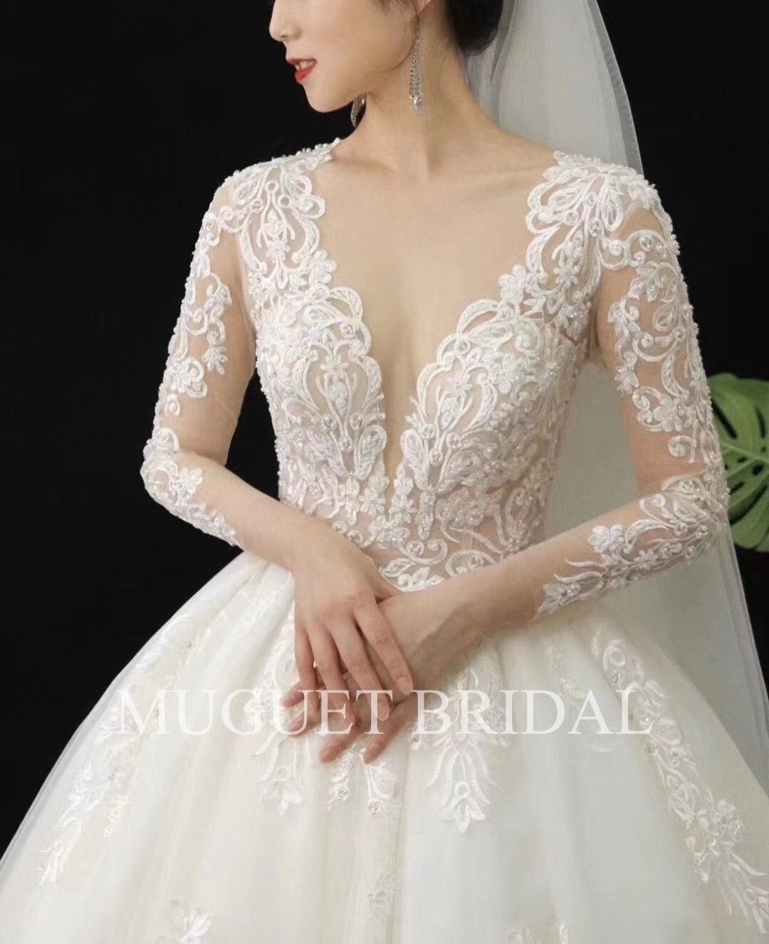 Ball Gown Long Sleeve Cathedral Lace Tulle Wedding Dress, Beaded