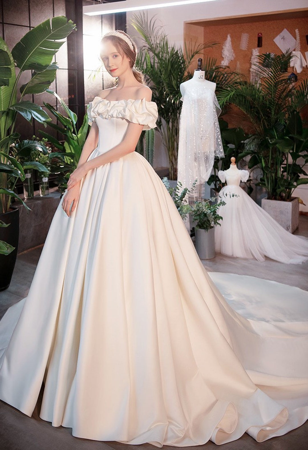 Off the Shoulder Satin Ball Gown, 3D Flower Wedding Dress, Simple ...