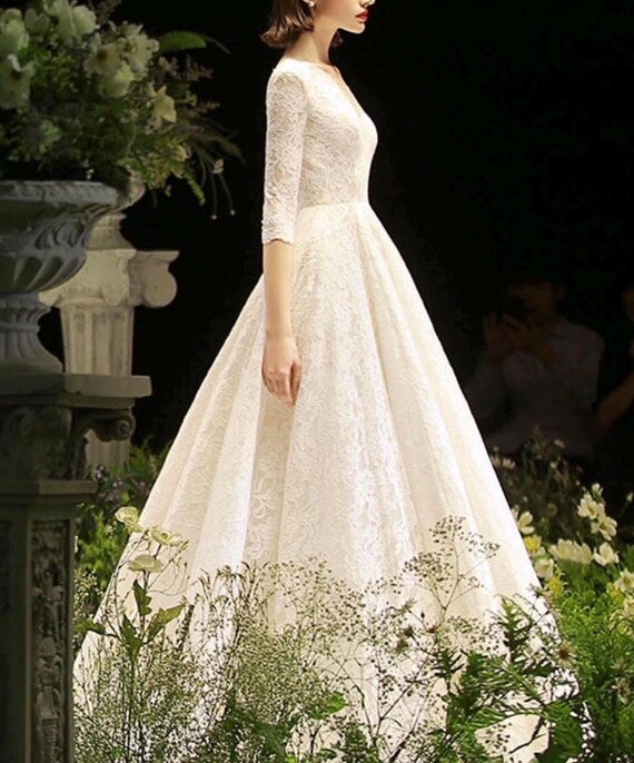 asymmetric a line dress Chiffon Bridal Dresses 2026 Women's White A-Line Deep V-Neck Long Sleeves Asymmetrical Elegant Formal Wedding Gowns, Ivory