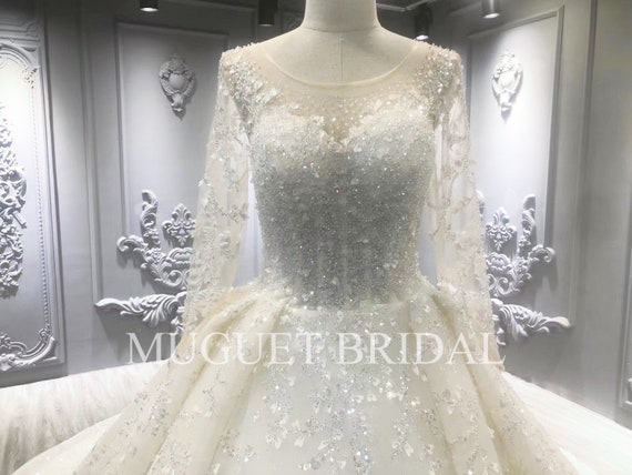 Luxury Long Sleeve Ball Gown Wedding Dress - Glam Wedding Dress with Cathedral Train - Sparkly Glitter Beaded Ball Gown Wedding Dress