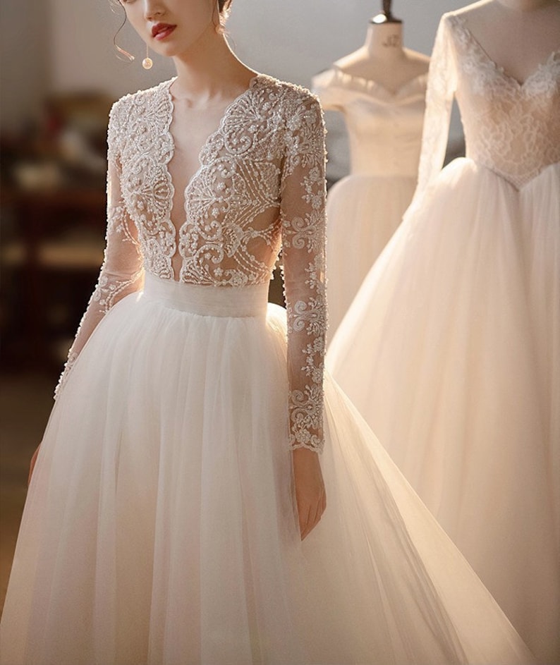 Beaded Wedding Dress Long Sleeve Wedding Dress Lace | Etsy