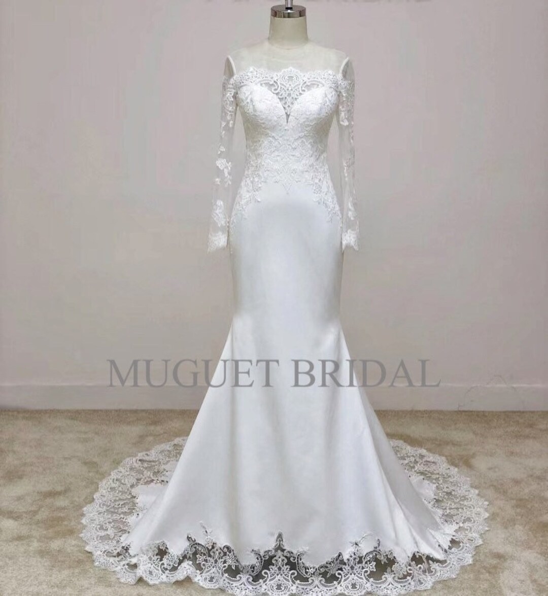Off the Shoulder Sweetheart Long Sleeve Lace Satin Mermaid Wedding Dress -  Fit and Flare Lace Long Sleeve Wedding Gown - Elegant Lace Gown - Etsy