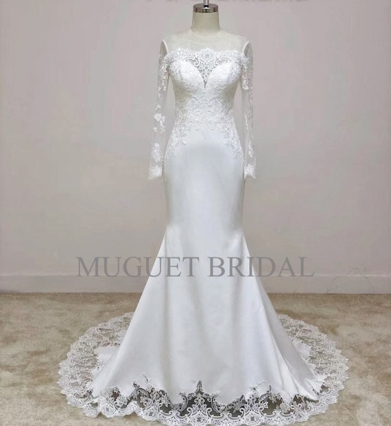 slim fit dress slacks Fit&Flare Lace Off-the-shoulder Wedding Dresses with Long Sleeves –  loveangeldress main image 0