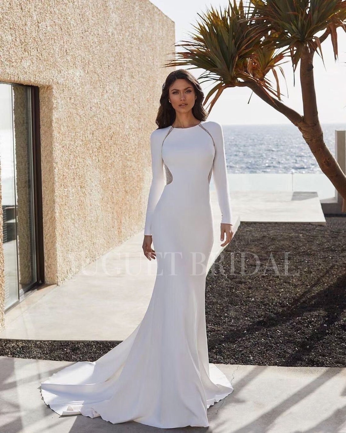 Mermaid Boat Neck Sleeveless Pleated Satin Wedding Dress WW1081