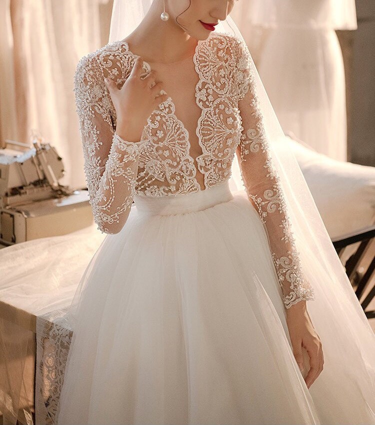Beaded Wedding dress Long Sleeve Wedding Dress Lace | Etsy