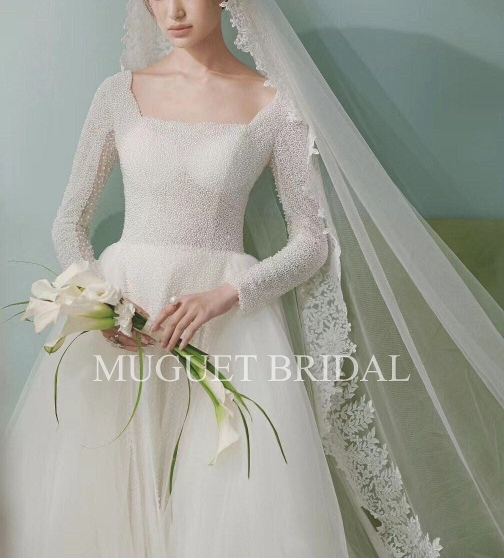 Minimalist Full Beaded Long Sleeve Simple Square Neckline A