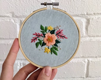 Spring Floral Bouquet Embroidered Hoop Art - Handmade Embroidery