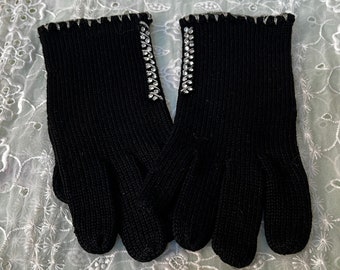 Vintage Ladies Gloves 1960s Black Knit Rhinestones Lovely Size 6