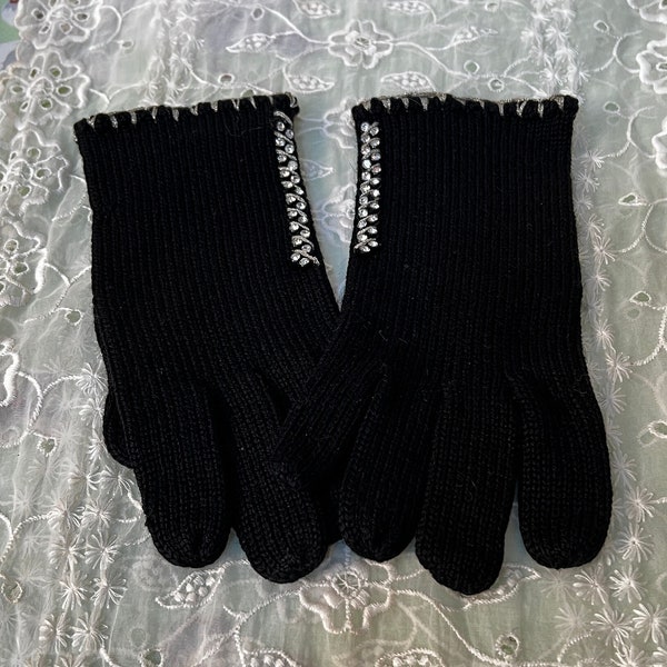 Vintage Ladies Gloves 1960s Black Knit Rhinestones Lovely Size 6