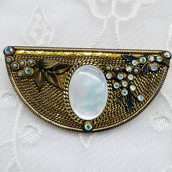 Vintage Marena Art Deco Brooch Mother of Pearl Crystals