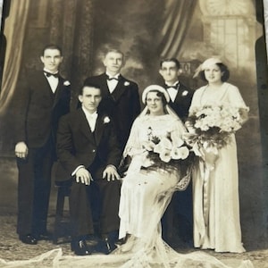 Vintage Wedding Party Photograph 1920s Gorgeous Long Veil