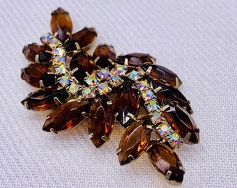 Vintage Deep Amber and Aurora Borealis Crystal Pin Statement Brooch