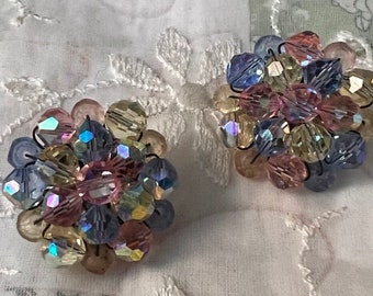 Vintage Crystal Clip On Cluster Earrings Silver Plated Blue Pink Beauties