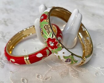 Vintage Bangle Bracelets Enamel White Red Flowers Gold Toned Two Bracelets