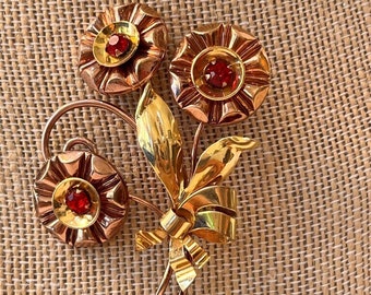 Vintage Flower Pin Gold Filled 12KT Red Crystals Lovely