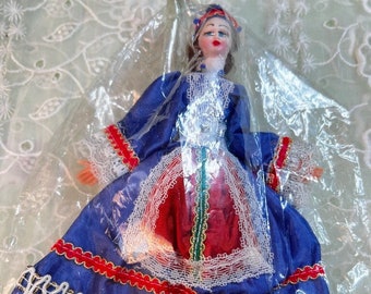 Vintage Greek Traditional Doll Blue Dress Red Apron Gold Coins 6.5"