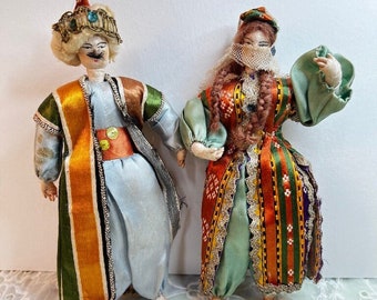 Vintage Dolls Turkish Couple 1950s Traditional Dress Cloth Dolls 7"