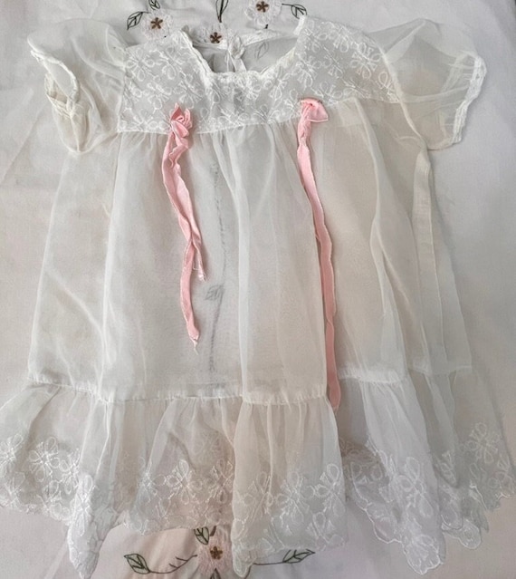 Vintage Baby Girl Dress Sheer Pink Bows Embroidery