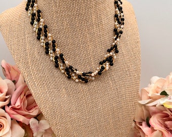 Vintage Trifari Necklace Black White Faux Pearls Gold Toned Twist Necklace 24"