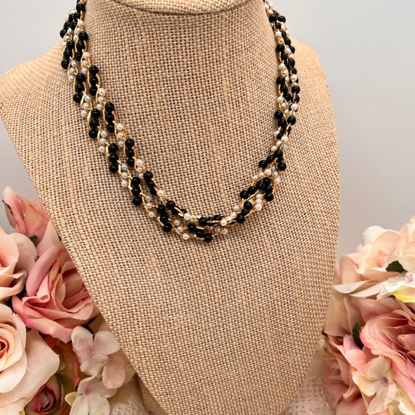 Vintage Trifari Necklace Black White Faux Pearls Gold Toned Twist Necklace 24"