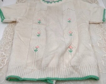 Baby Sweater 0-6 Months Nannette Mint White Pink Roses Mint Green Trim Lightweight