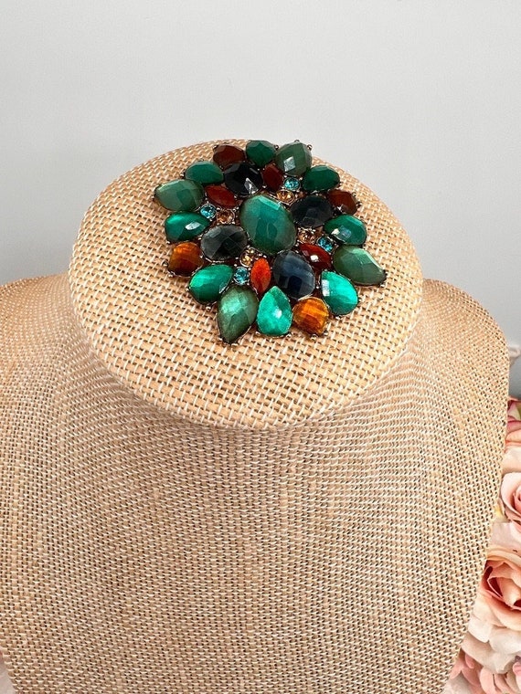 Vintage Pin and Earrings Faceted Green Blue Brown 