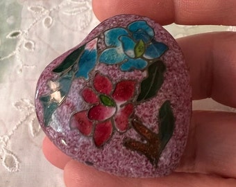 Vintage Pill Box Heart Shaped Cloisonné Floral Pill Box Blue Enamel Interior