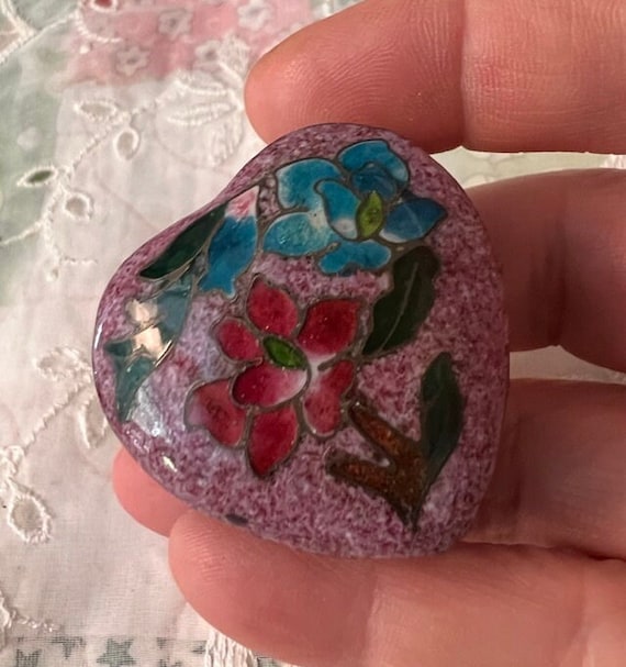Vintage Pill Box Heart Shaped Cloisonné Floral Pi… - image 1