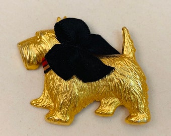 Gold Scottish Terrier Pin Beautiful Black Bow