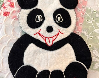 Vintage Panda Wall Hanging Fabric Embroidered Panda 7" Tall MCM Applique 4/5