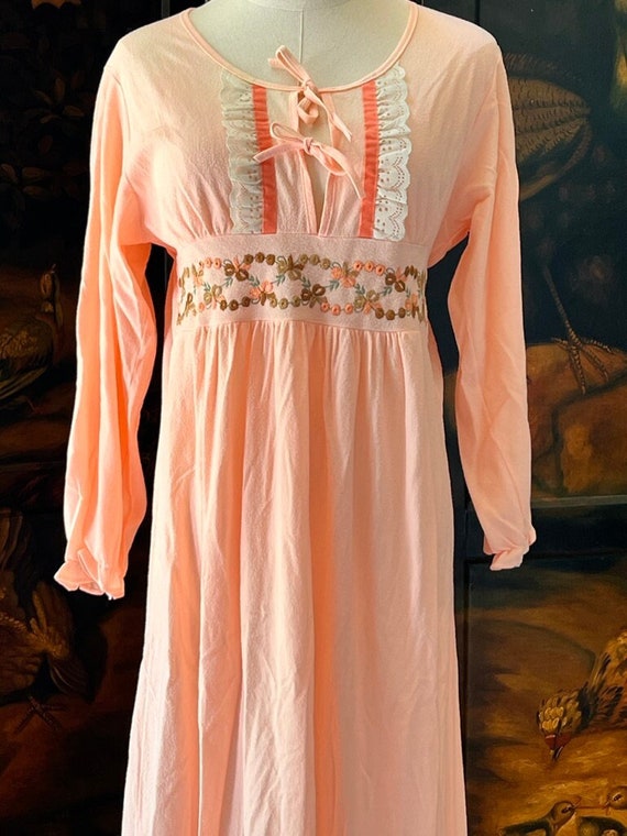 Vintage Flannel Nightgown Peach Long Sleeves Grann
