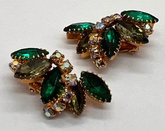 Emerald Green Crystal Earrings Clip On Vintage Crystal Earrings