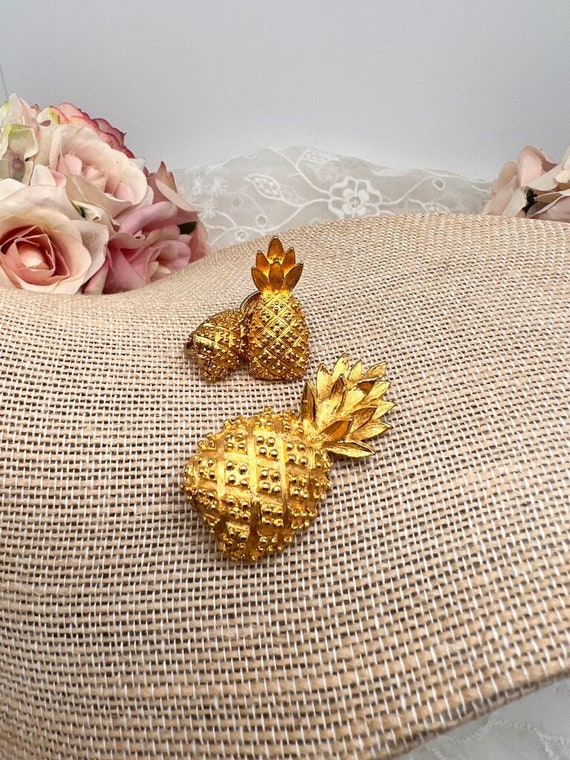 Pineapple Earrings and Pin Demi Parure Gold Plated