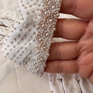 Vintage Nylon White Gloves Made in Hong Kong Hand Beaded Size 6