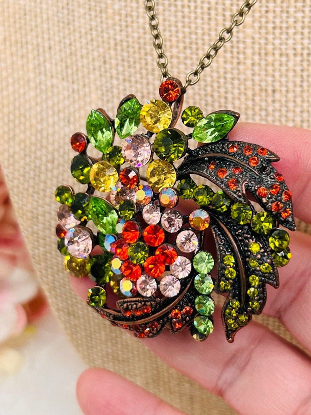 Flower Brooch Pendant Combo Fiery Red Yellow Green Sparkle Bronze Toned
