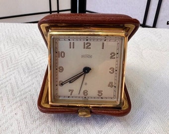 Vintage Minox Travel Alarm Clock Date Hard to Find Great Company Brass Brown Hands Glow