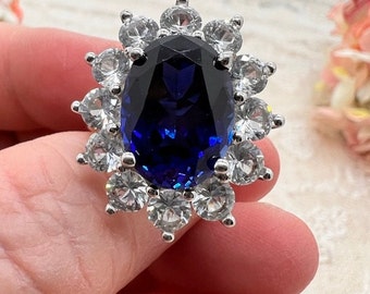 Vintage Princess Di Ring Sapphire Blue and Clear Crystals Gorgeous Sterling Silver Size 6