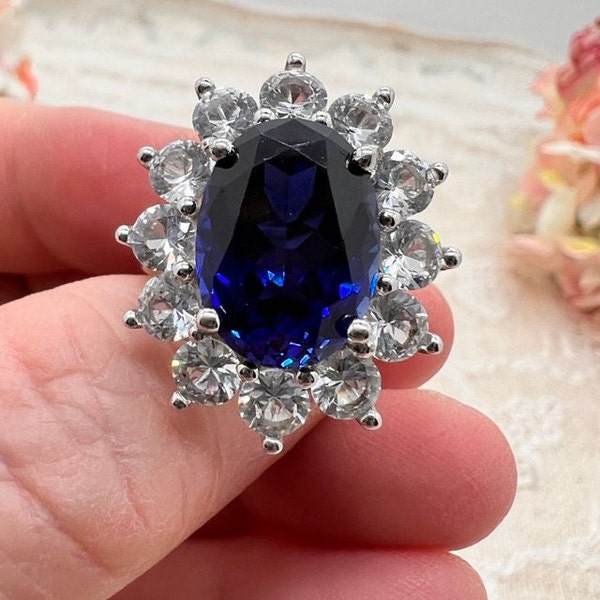 Vintage Princess Di Ring Sapphire Blue and Clear Crystals Gorgeous Sterling Silver Size 6