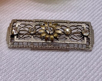 Antique Bar Pin Silver Plating Vintage Flower Bar Pin