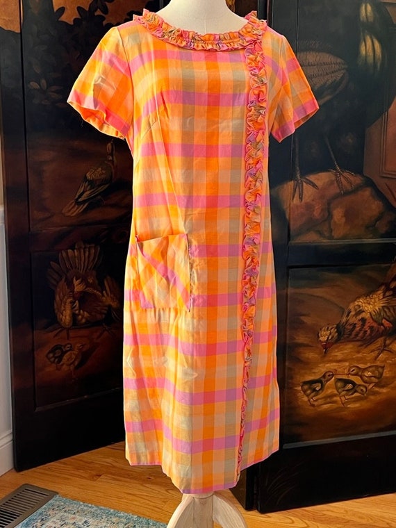 Vintage Dress 60s Mod Plaid Pink Orange Yellow Ruf