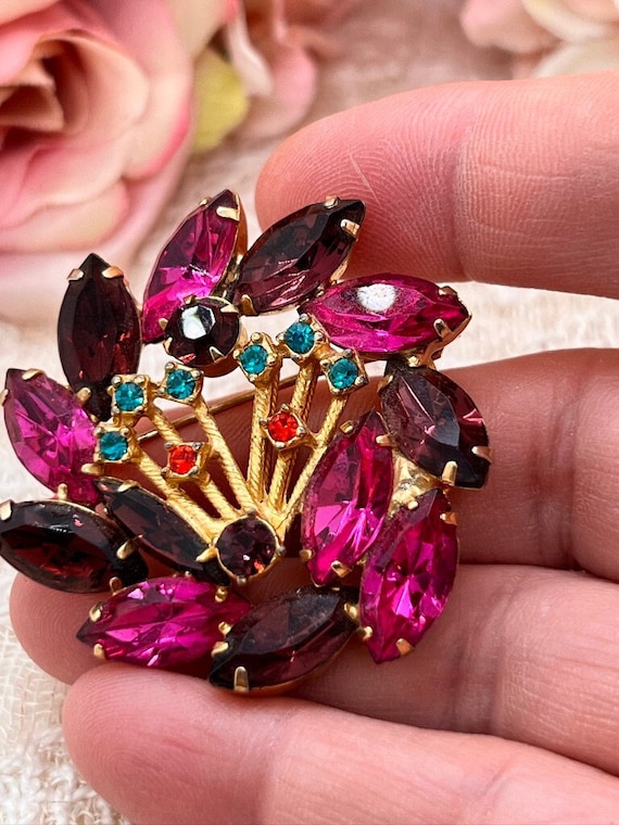 Jewel Tone Brooch Magenta Scarlet Crystals Gold To