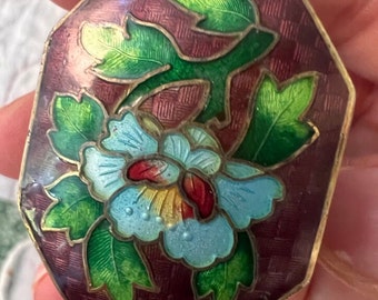 Vintage Pill Box Cloisonné Floral Octagonal Pill Box Gold Toned Box Red Blue