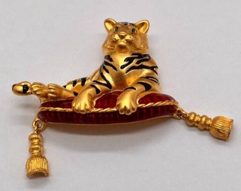 Vintage Tiger Pin Bob Mackie Vintage Siberian Tiger Pin Bright Gold Tone