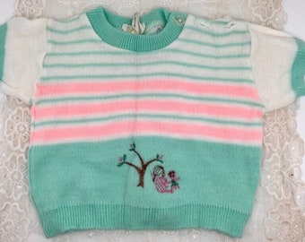 Baby Sweater 9 Months Short Sleeve Mint Green Pink White Acrylic Woolworth Lightweight Vintage