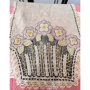 Hand Embroidered Linen Table Runner: Ecru Floral Design, 16&quot;x51&quot;