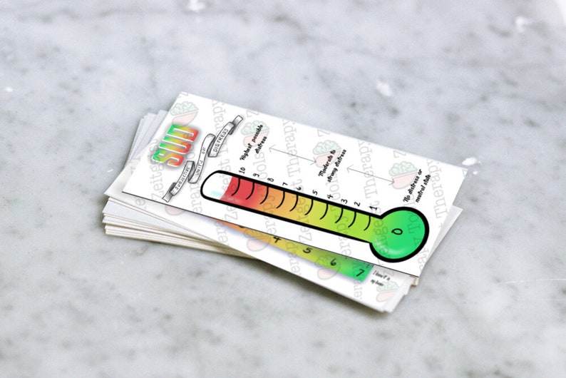 May include: A green, yellow, orange, and red thermometer with the word "SUM" at the top. The thermometer is labeled with numbers from 0 to 10. The thermometer is labeled with the words "No distress or meaningful distress" at the bottom and "Highest possible distress" at the top.