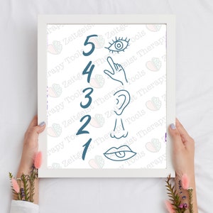Puede incluir: Un póster enmarcado blanco con una ilustración azul y blanca de una cara con los números del 1 al 5 listados en el lado izquierdo. La ilustración muestra un ojo, una mano señalando, una oreja, una nariz y una boca con la lengua fuera. El póster tiene un patrón repetitivo de cerebros y corazones en el fondo.