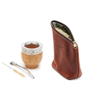 Wooden Mate Cup + Yerba Mate Container I Mate Gourd with Leather Accessory I Mate Bombilla I Yerba mate cup