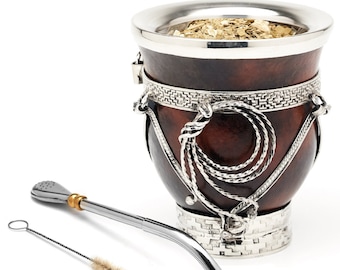 Premium Yerba Mate Gourd with German Silver Details  I Argentinian Mate I Bombilla & Cleaning Brush Included (The Iguazú)