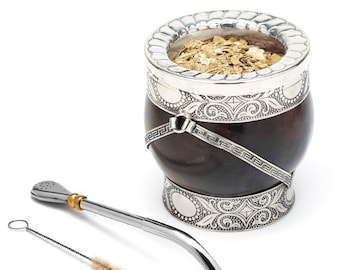 BALIBETOV Premium Collection - Juego de calabazas de yerba mate hechas a mano seleccionadas - Detalles de plata alemana (La Pampa)